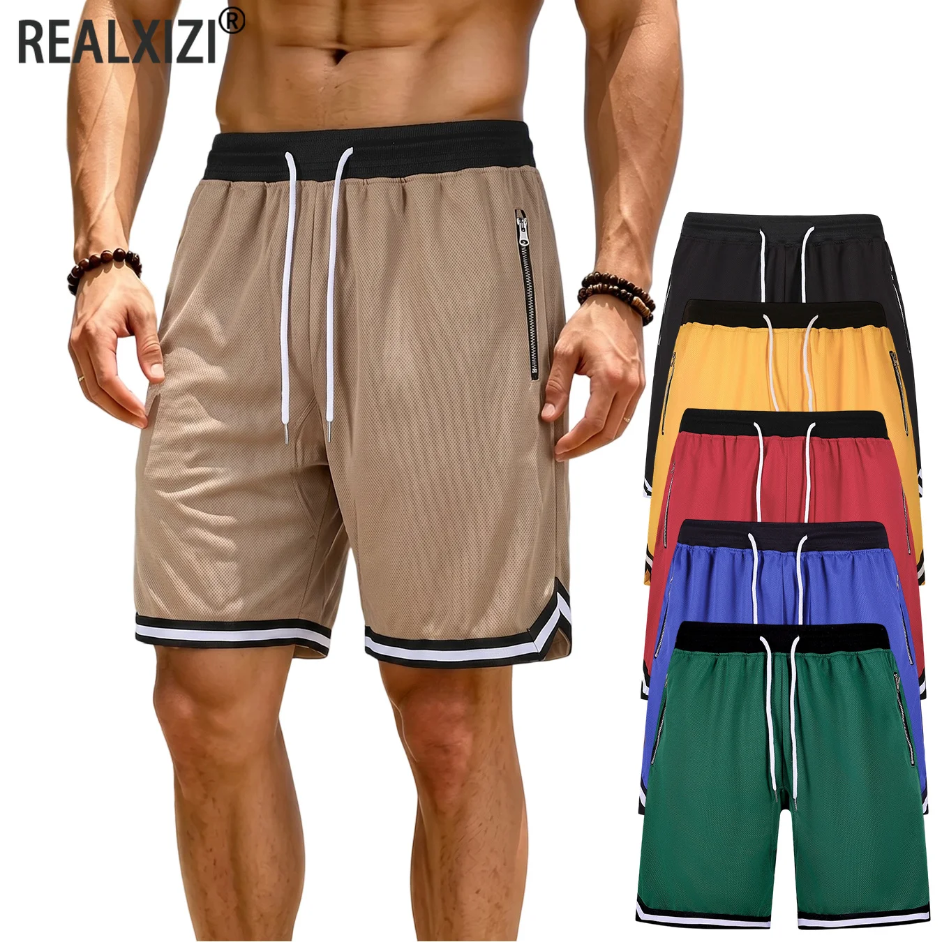 Men's Mesh Basketball Shorts High Street Retro Zipper Pockets Elastic Waist Loose Fit Gym Summer Sportswear Breathable Quick Dry