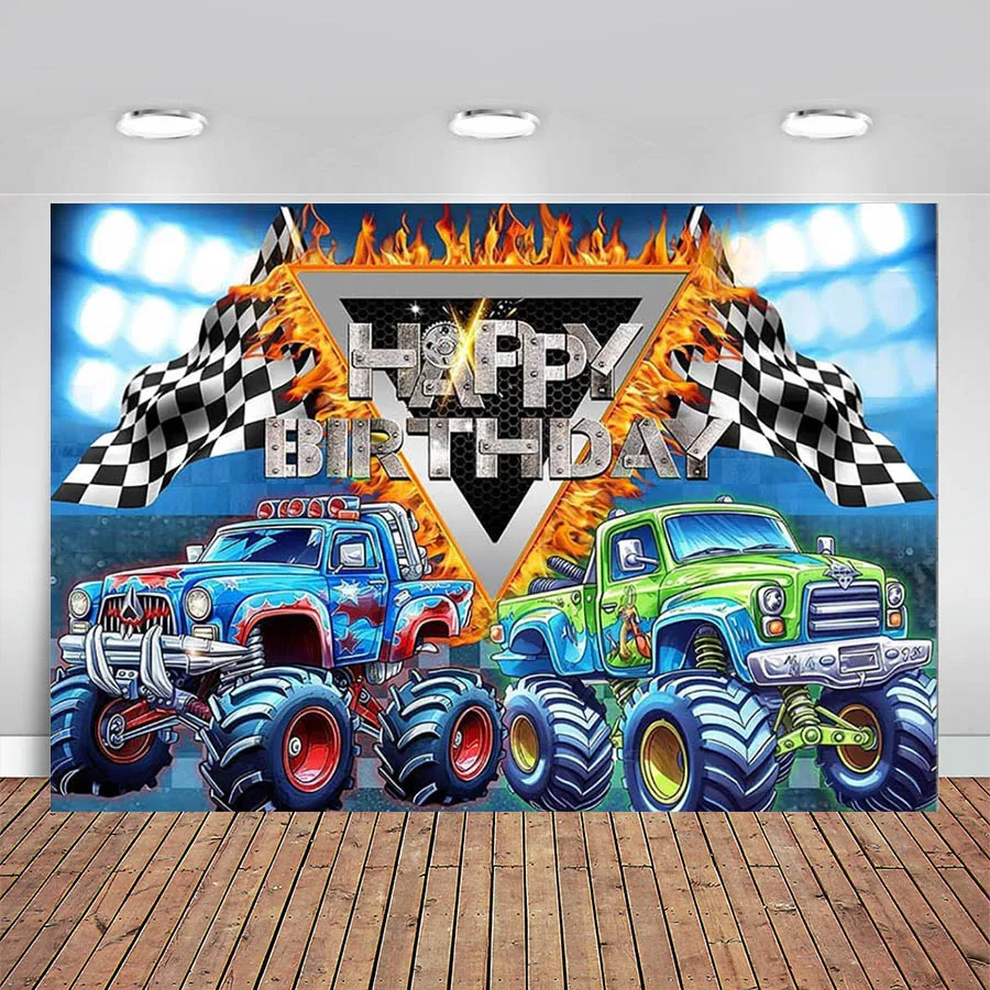 

Truck Themed Happy Birthday Backdrop Monster Boys Happy Birthday Party Decor Rrning Flame Racing Car Photography Background