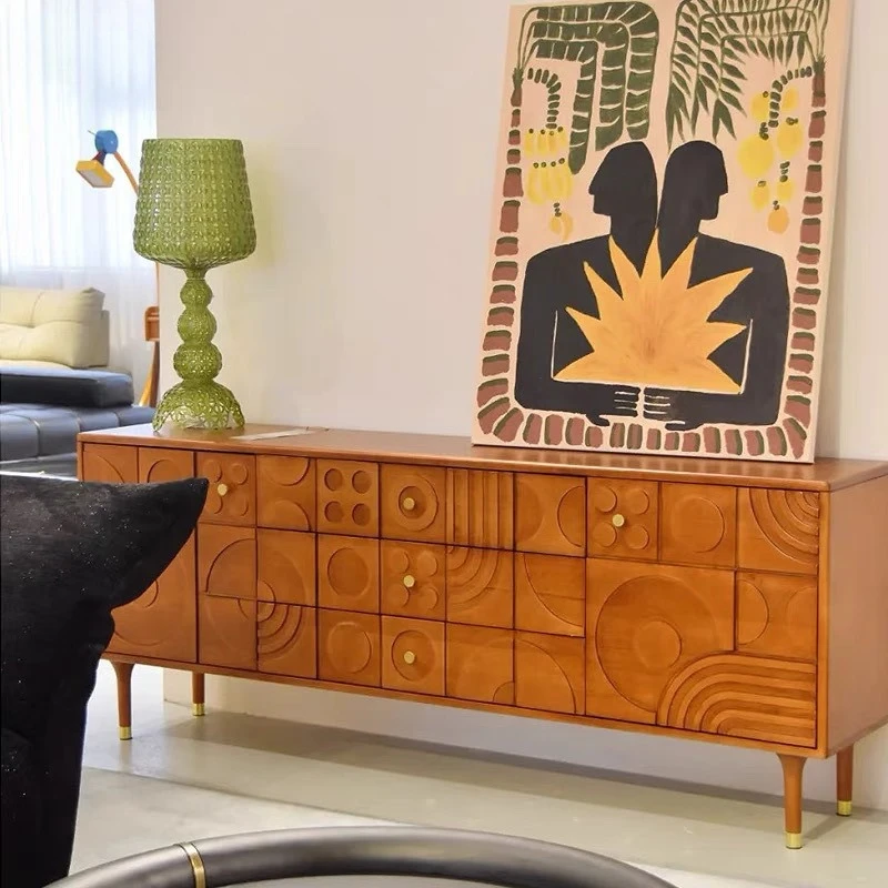 Japanischer mittelalterlicher geschnitzter TV-Schrank aus massivem Holz, Esszimmerseite, mittelalterlicher Brustschrank, Eingang, Weinschrank, Schubladenaufbewahrung, Wohnen