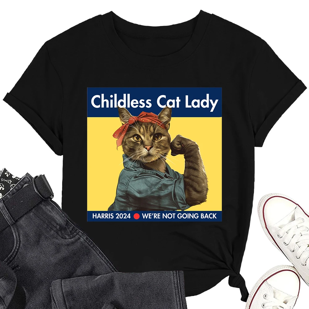 

Childless Cat Lady Harris We Are Not Going Back Men/Women Short Sleeve T-shirt Cotton Casual Tee Kamala Shirts