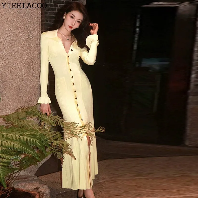 Cream Yellow Women's Knitted Dress 2025 Spring/Autumn Women's New Fashion Flip Collar Single Breasted Long Sleeved Dress