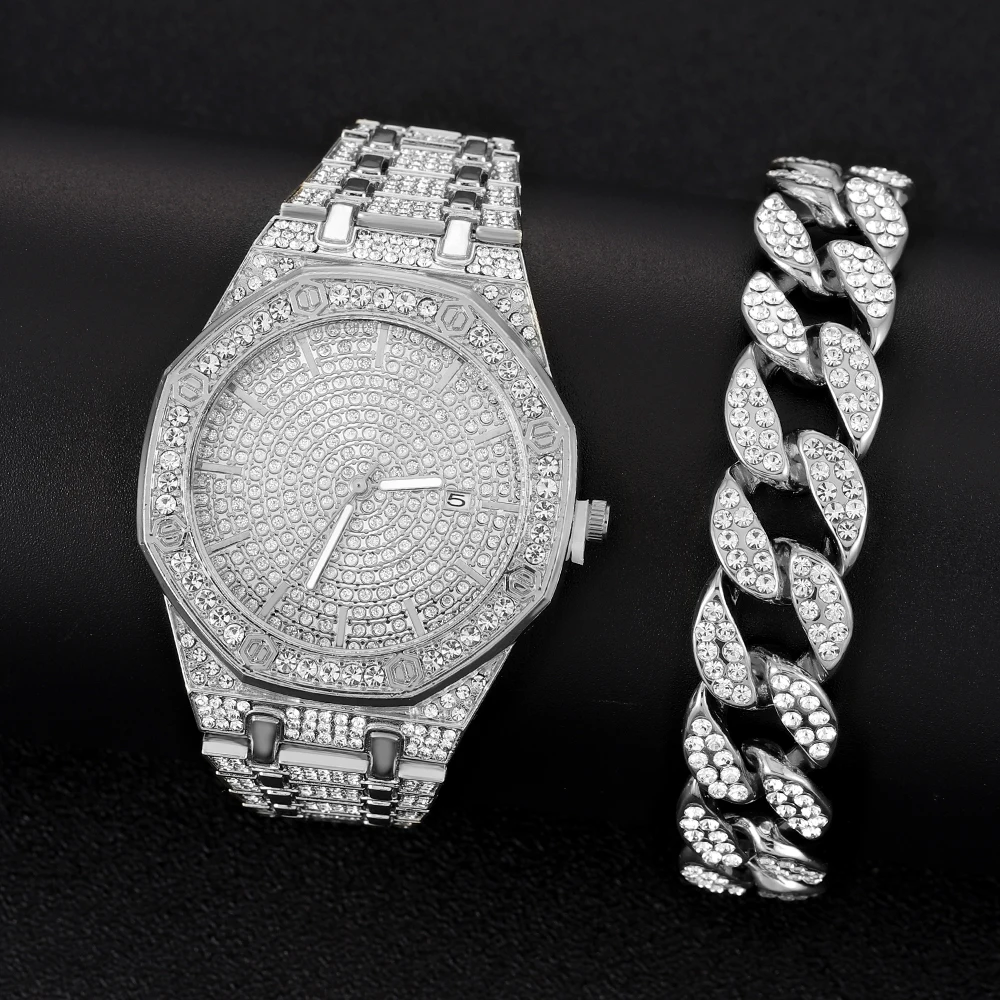 

Women Luxury Iced Out Watches Bracelet Set Gold Silver Color Full Rhinestone Cuban Chain Bracelet Wristwatch Relogio Feminino