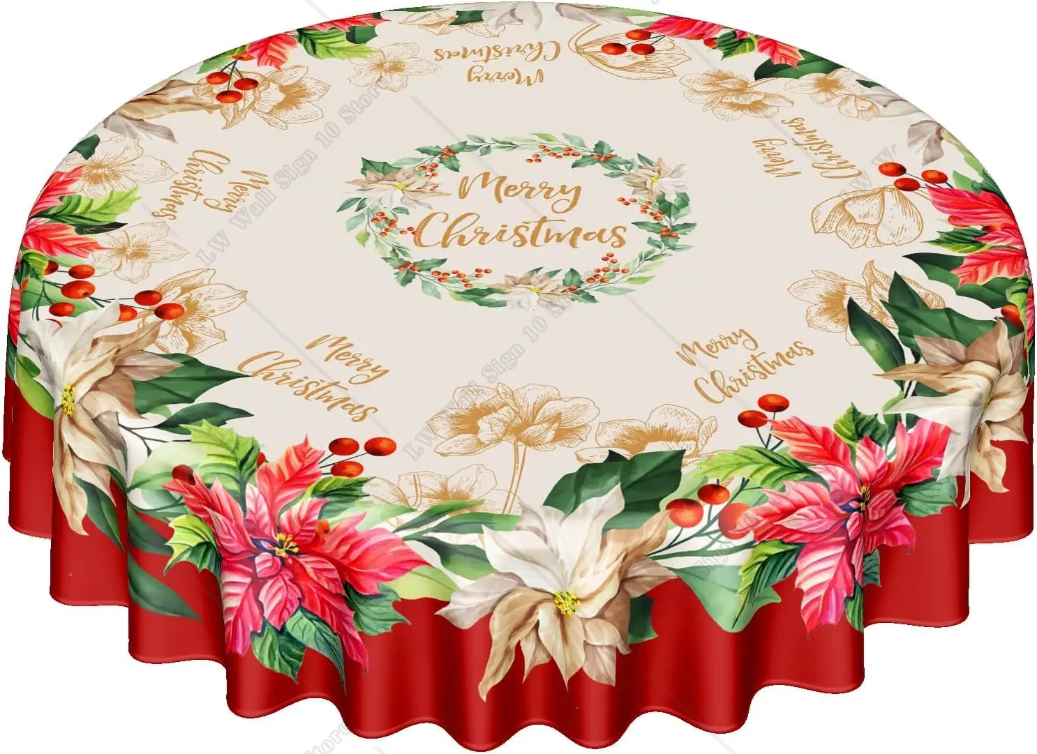 

Blooming Poinsettia's Merry Christmas RoundTablecloth Christmas Cottage Floral Bordered Print Tablecloth 60 In for Dining Decor