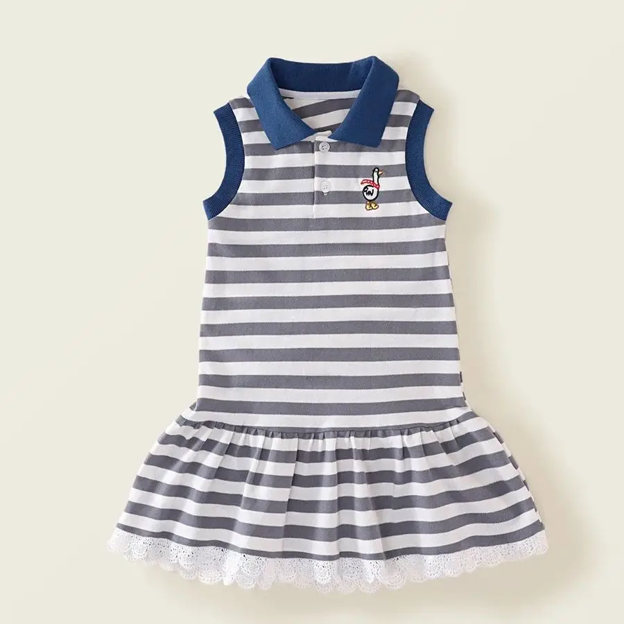 

Blue Stripe Baby Girls Dress 2025 Summer Vest Dress Sleeveless Lapel Academy Style Children'S Casual Dress 2-7 Year Kids Costume