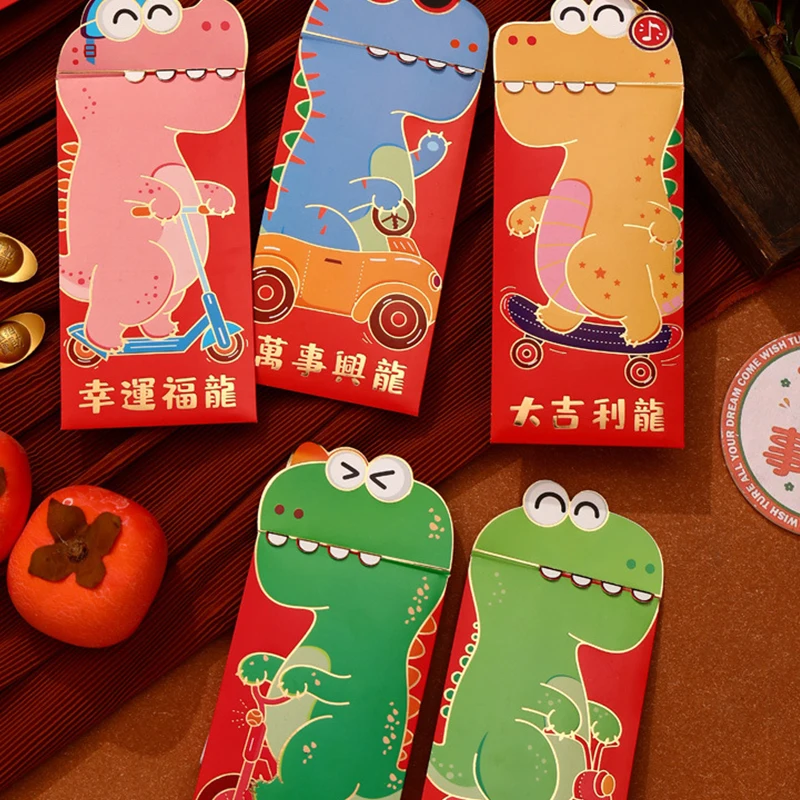6 Pcs Personalized Creative Dinosaur Cartoon Red Envelope Lucky Money Bag Spring Festival Accessory Red Envelope Lucky Money Bag