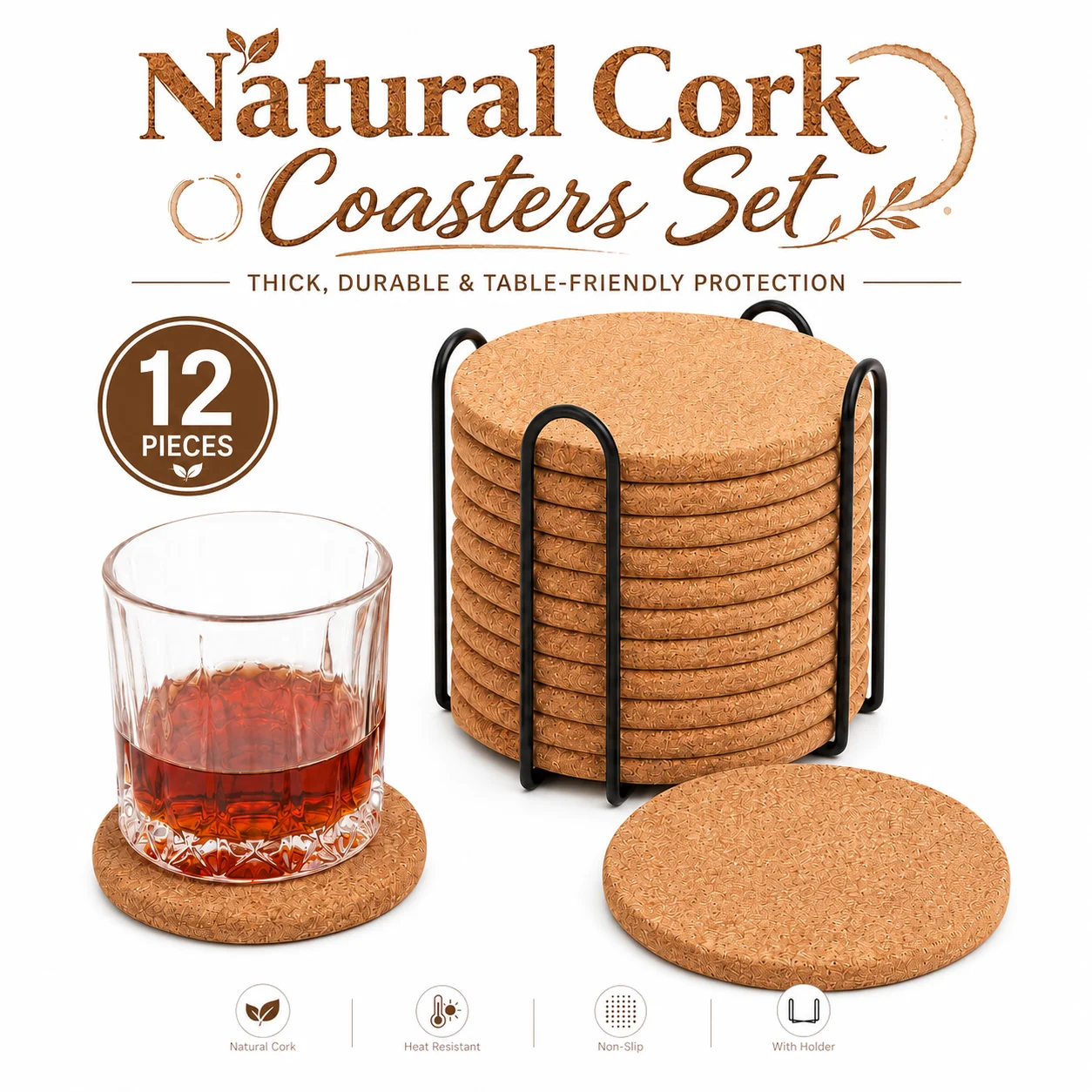 Natural Cork Coasters For Drinks Set Of 12 Thick Absorbent Cup Pads With Metal Holder For Coffee Wooden Table Protection