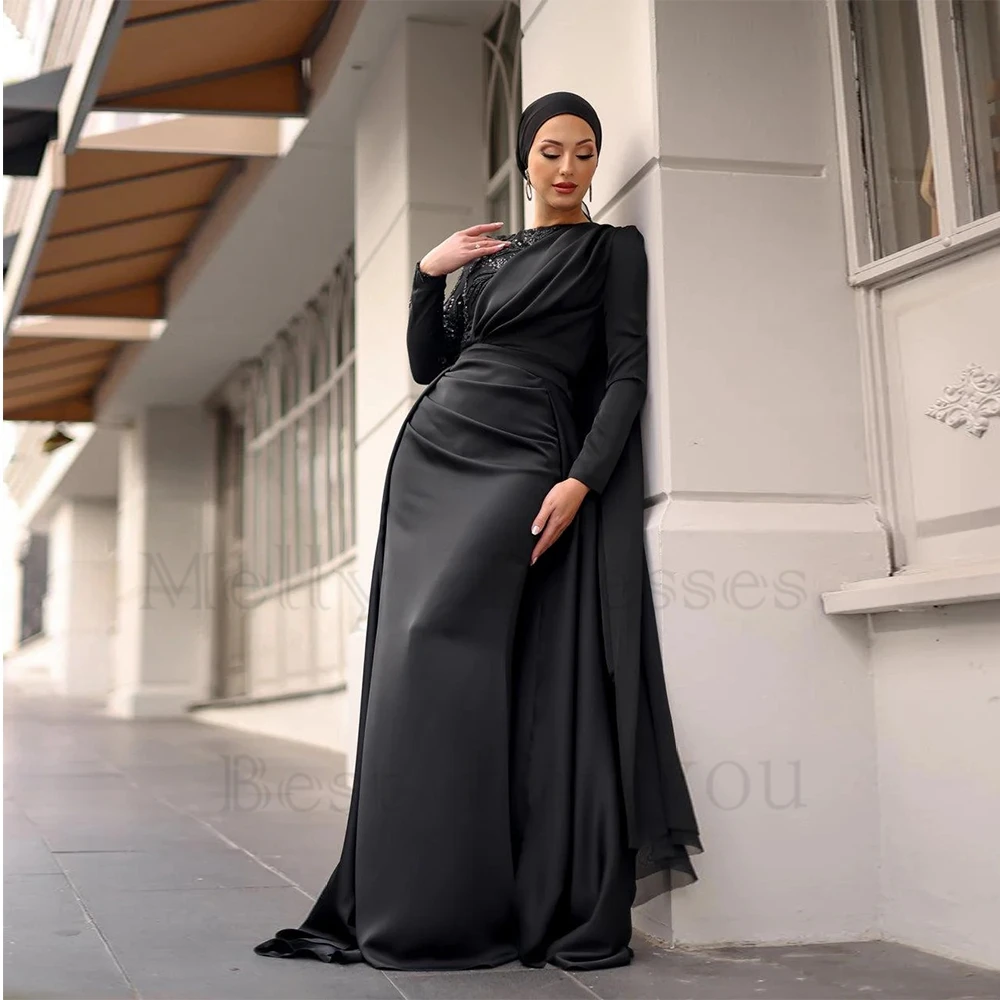 

Charming Black Scoop Muslin Evening Dresses for Women 2024 New Full Sleeve Prom Gowns with Sequined Beading New Robe De Soirée