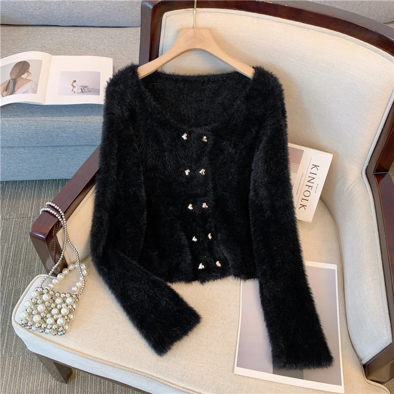 Korean Simple O-neck double-breasted Velvet Short Knitted Sweater 2023 Casual Loose Soft love Buttons Cardigan Large size Women