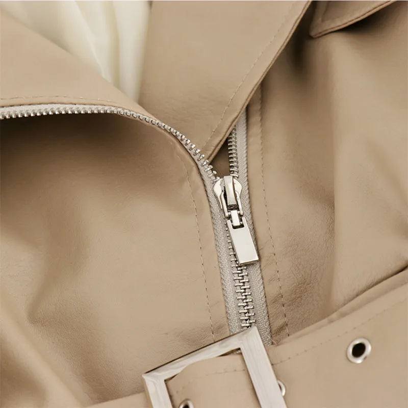 Moda Otoño mujer Chaqueta corta de piel sintética cuello vuelto abrigo de cuero PU coreano con cinturón prendas de vestir ajustadas Mujer