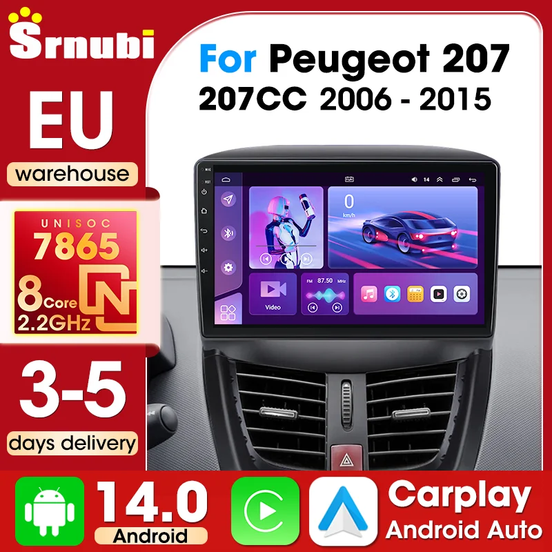 Pantalla Inalámbrica para Automóvil Srnubi de 9 Pulgadas con Carplay para Peugeot 207 207CC 2006-2015, Android Auto, Autoradio, DSP, RDS