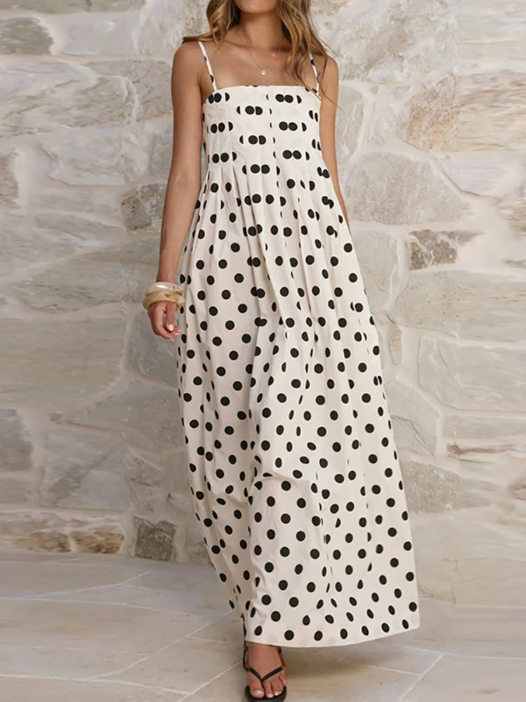 

Винтажное летнее платье с открытой спиной и вырезами, в горошек, на бретельках, модное, с открытыми плечами, повседневное, прямого кроя