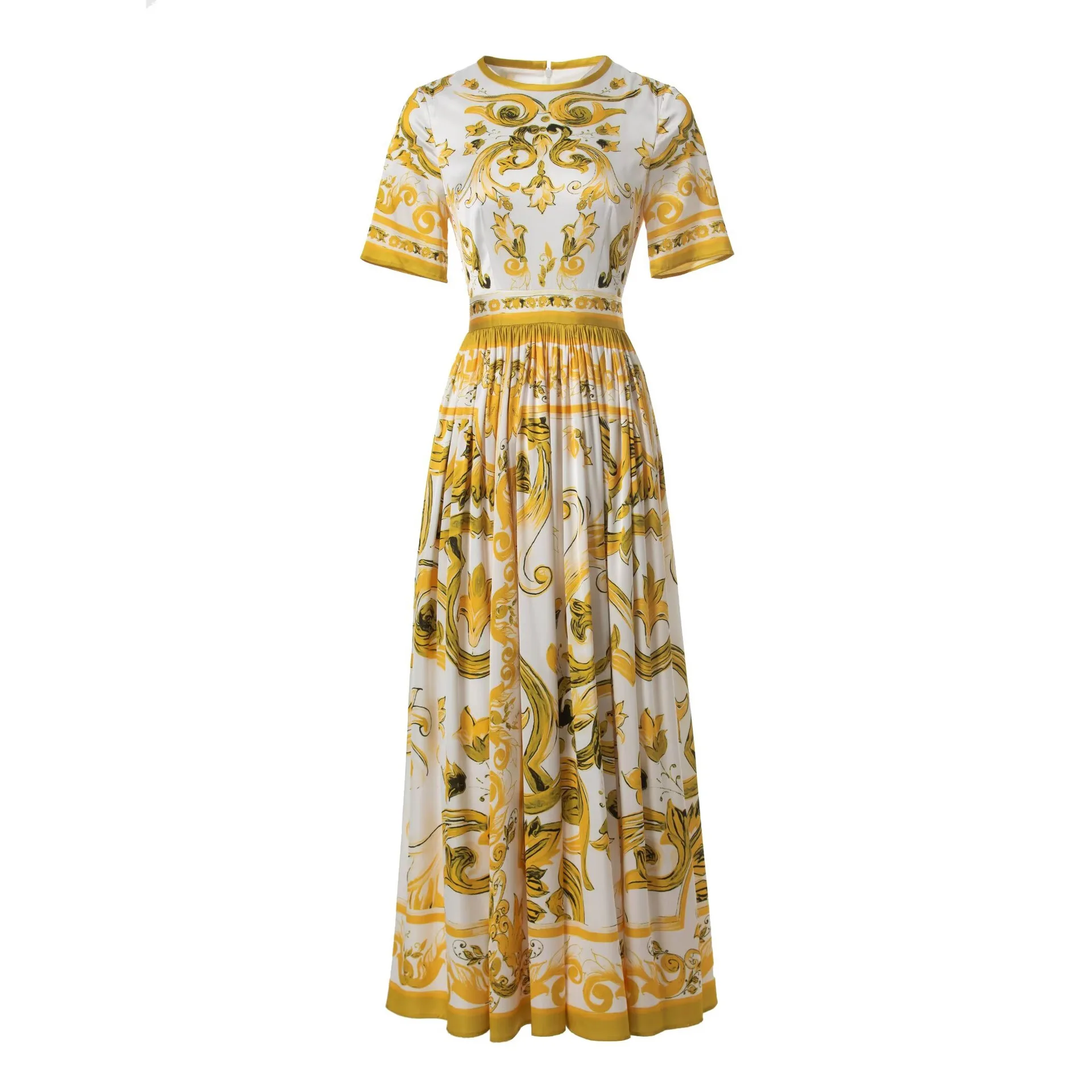 

High Quality Summer New Women's Round Neck Silk Short Sleeved Yellow Flower Porcelain Printed Waist Closing Style Long Dress