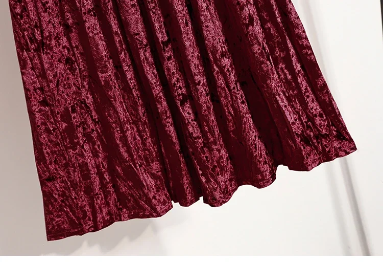 Burgunderroter Plissierter Samt-Midi-Rock für Damen, A-Linie, Herbst/Winter 2026, Vielseitig, Figurbetont, Mittellang, Lässig, Vielseitige Halbrocke – Detail 19
