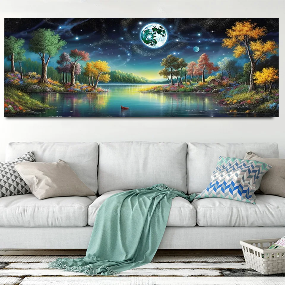 large 5D DIY Diamond Painting Moon River Tree Hanging Picture Full Diamond Embroidery Home Decoration Natural Landscape P264