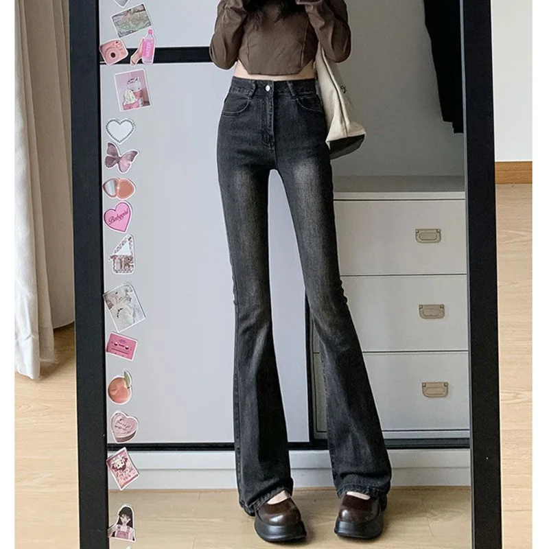 

Lady Classic Retro Stretch Thin Flared Jeans Girls High Waist Slim Fit Denim Pants Women Fashion Casual Straight Leg Trousers