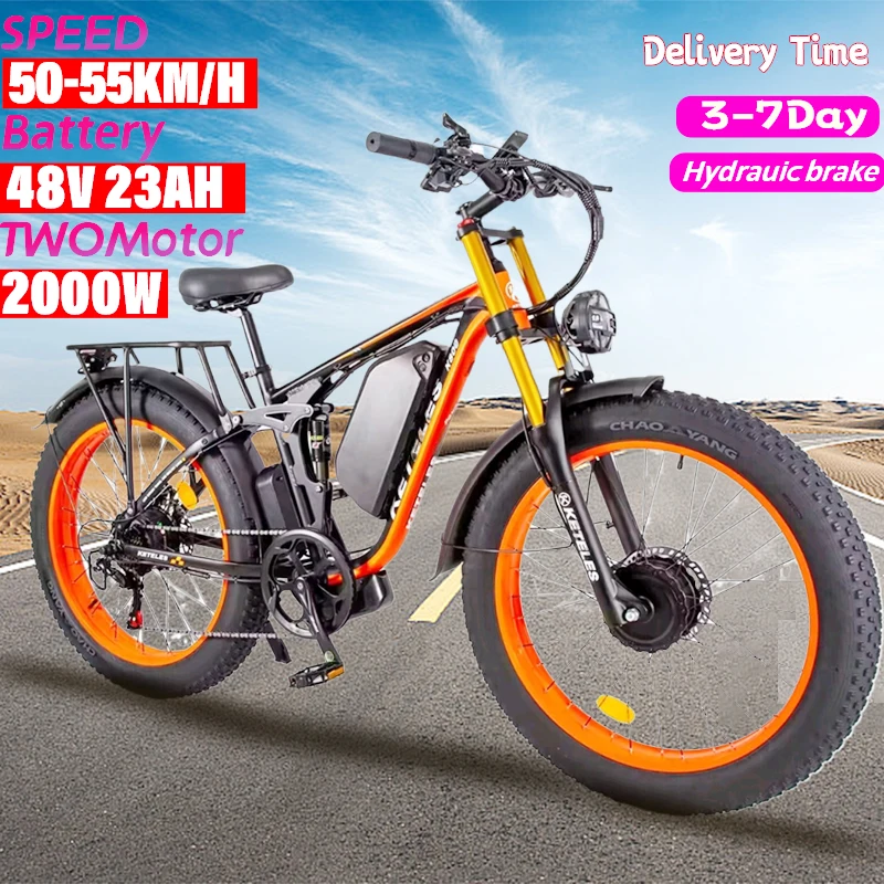 New electric bike Keteles K800 Pro 2000W Dual Motor 48V 23AH 26*4.0 Fat Tire Hydraulic Brake Ebike double suspension bicycle