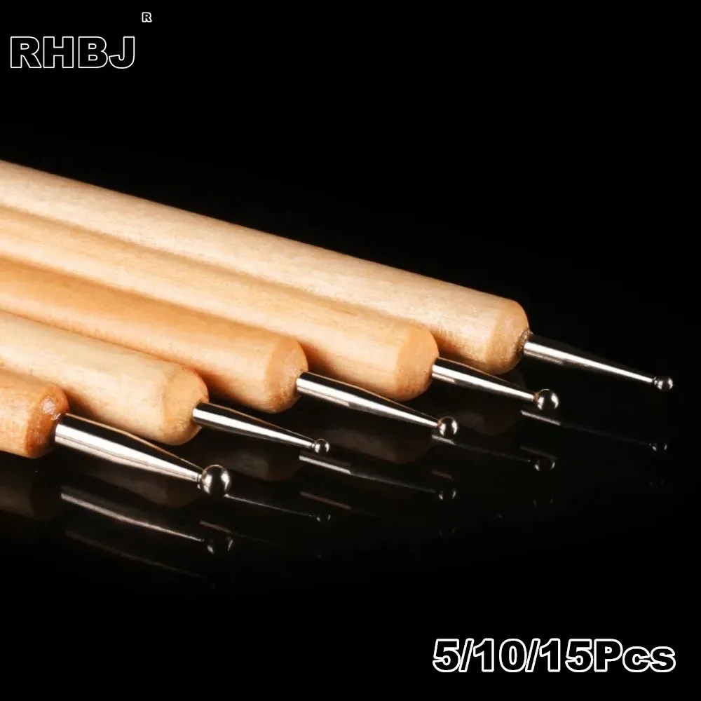 5/10/15Pcs Professional Nail Art Dotting Pens 2-Way Wood Steel DIY Rhinestones Gem Picker Manicure Tools for DIY Nail Art