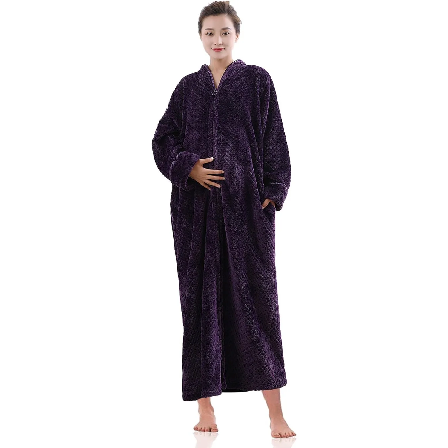 Womens Fleece Robe Plush Long Zip Front Bathrobe with Pockets Warm Soft Zippered Bathrobes for Women Nightgown Sleepwear