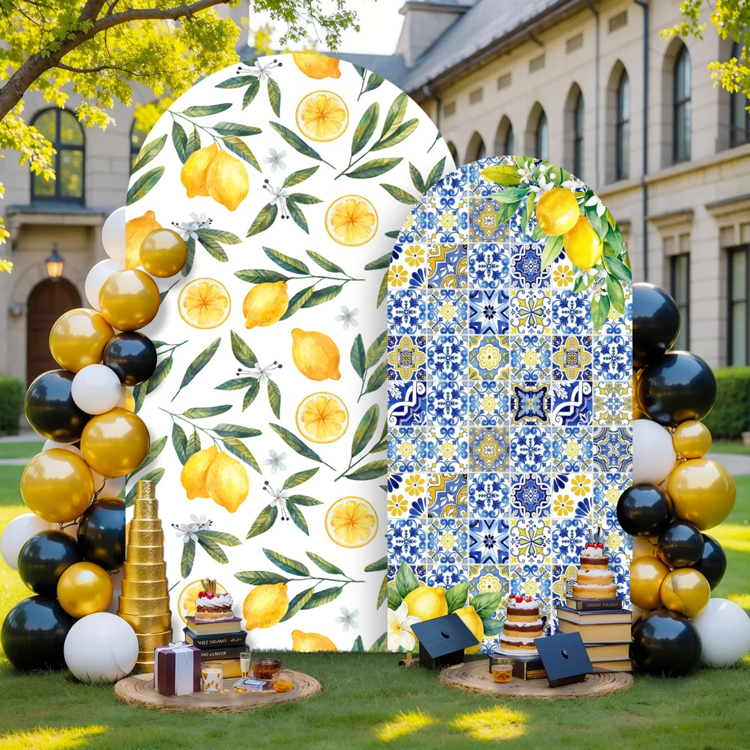 Mediterranean Lemons Tiles Arch Cover Background for Baby Sh