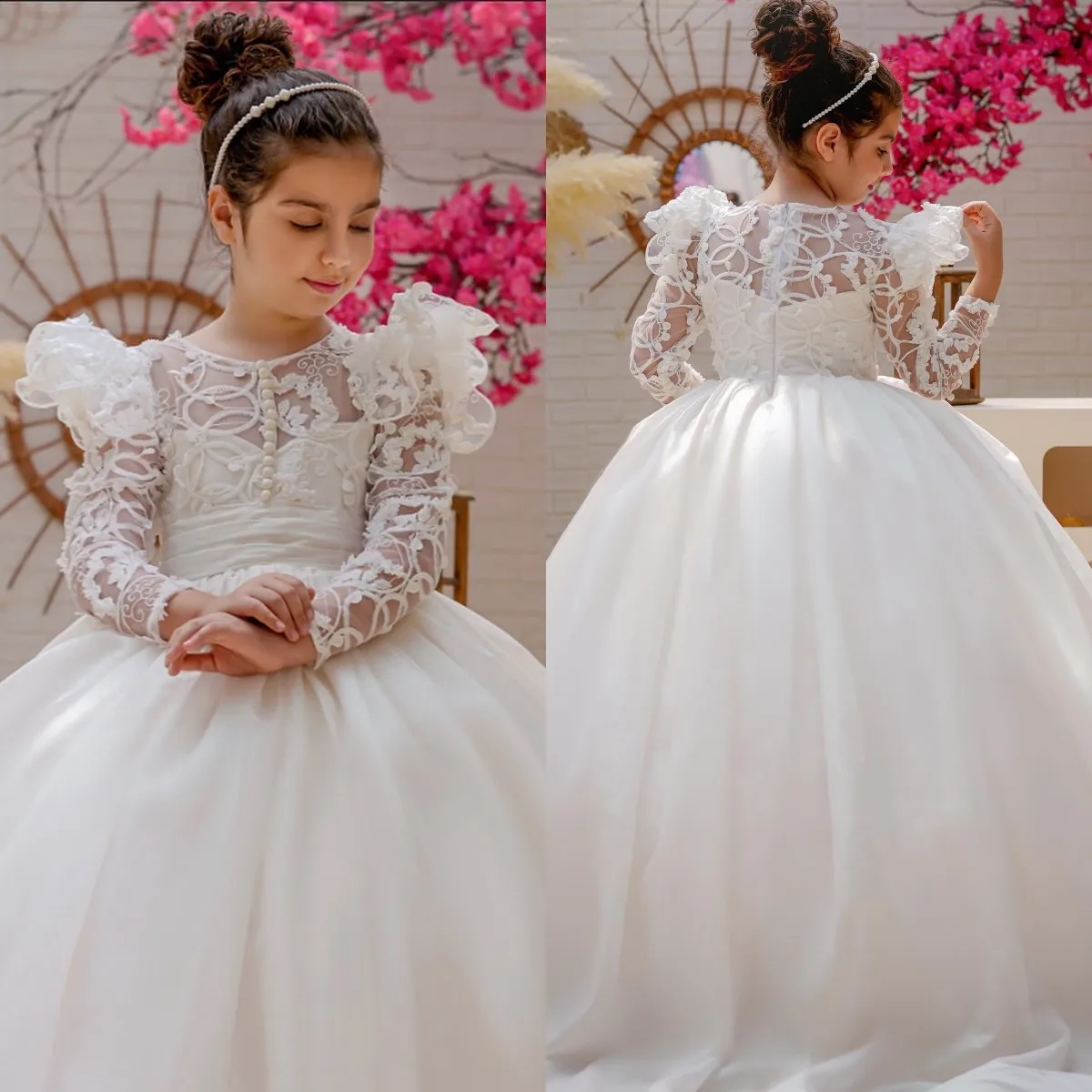 

White Flower Girl Dress For Wedding Lace Tulle Long Sleeves Floor Length Birthday Party Children Pageant First Communion Gowns