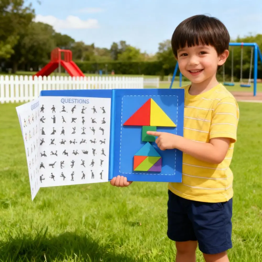 หนังสือปริศนาแทนแกรมไม้แม่เหล็ก เกมการเรียนรู้รูปทรงแบบมอนเตสซอรี่สำหรับเด็ก ของเล่นพัฒนาสมองสำหรับเดินทาง ของขวัญสำหรับเด็กชายและเด็กหญิง