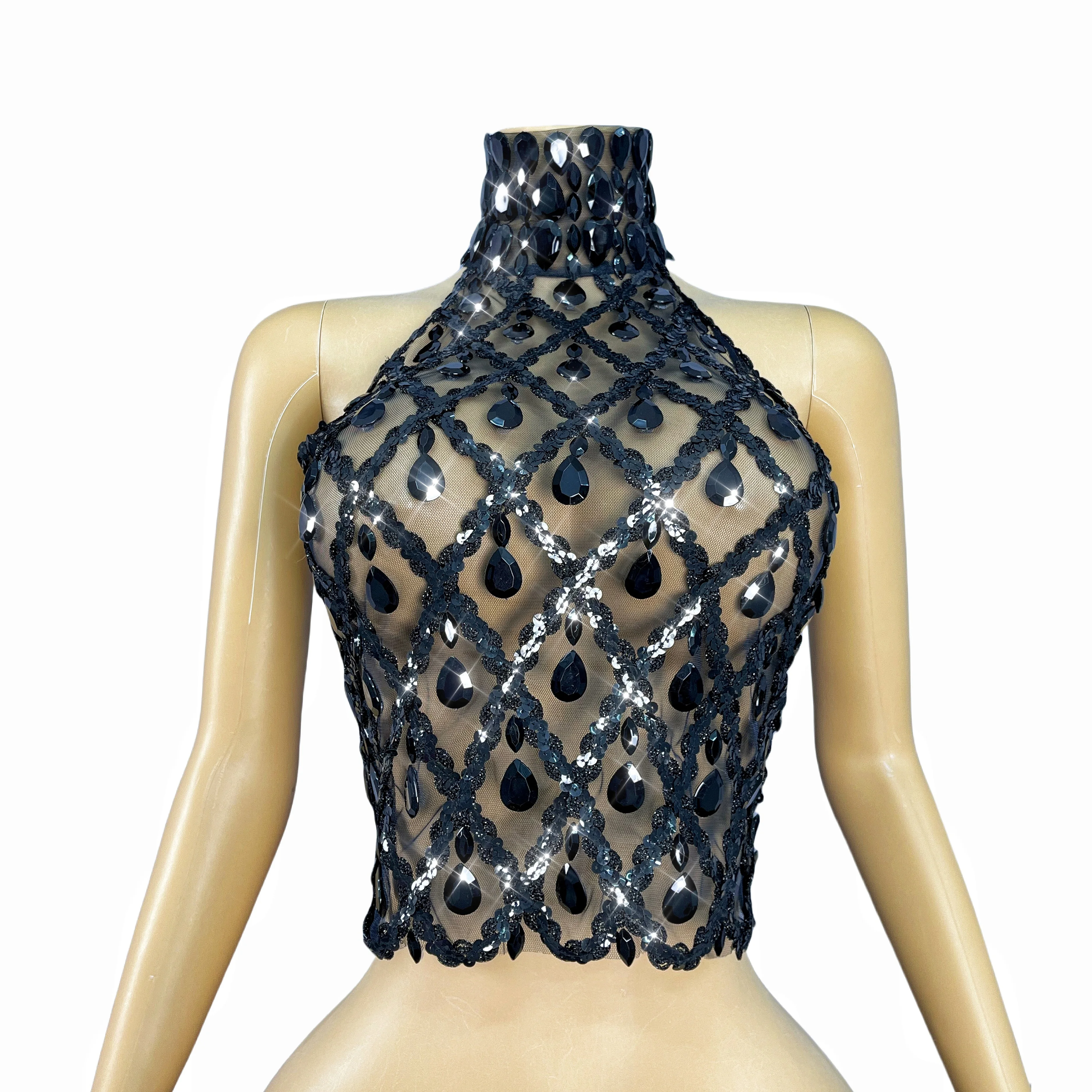 

Twinkling Rhinestones Sexy Transparent Mesh Backless Top Parts Wear Women Party Celebrate Fashion Show Stage Costume Shaokaojia