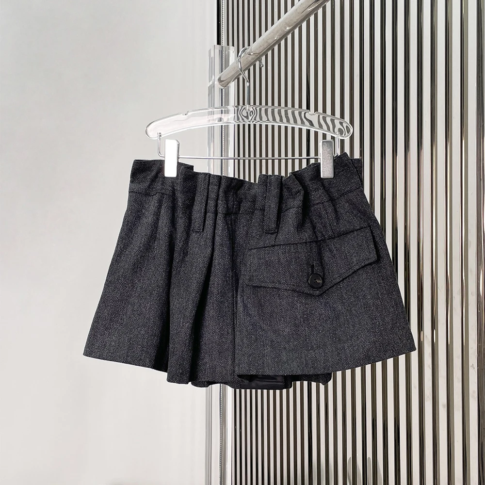 Women Wool Blend Pleated Mini Skirt Casual High Waist A-Line Short Skirt Fashion Gray Office Lady Skirt 2026 Spring New Y2k