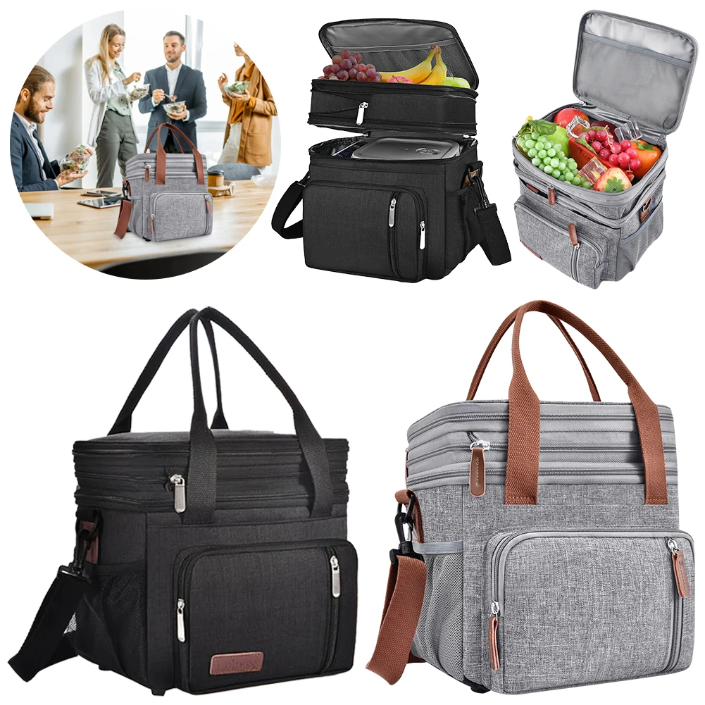 

Double Deck Lunch Box Expandable Cooler Bag Insulated Thermal Lunchbox with Shoulder Strap for Work Office Camping Travel