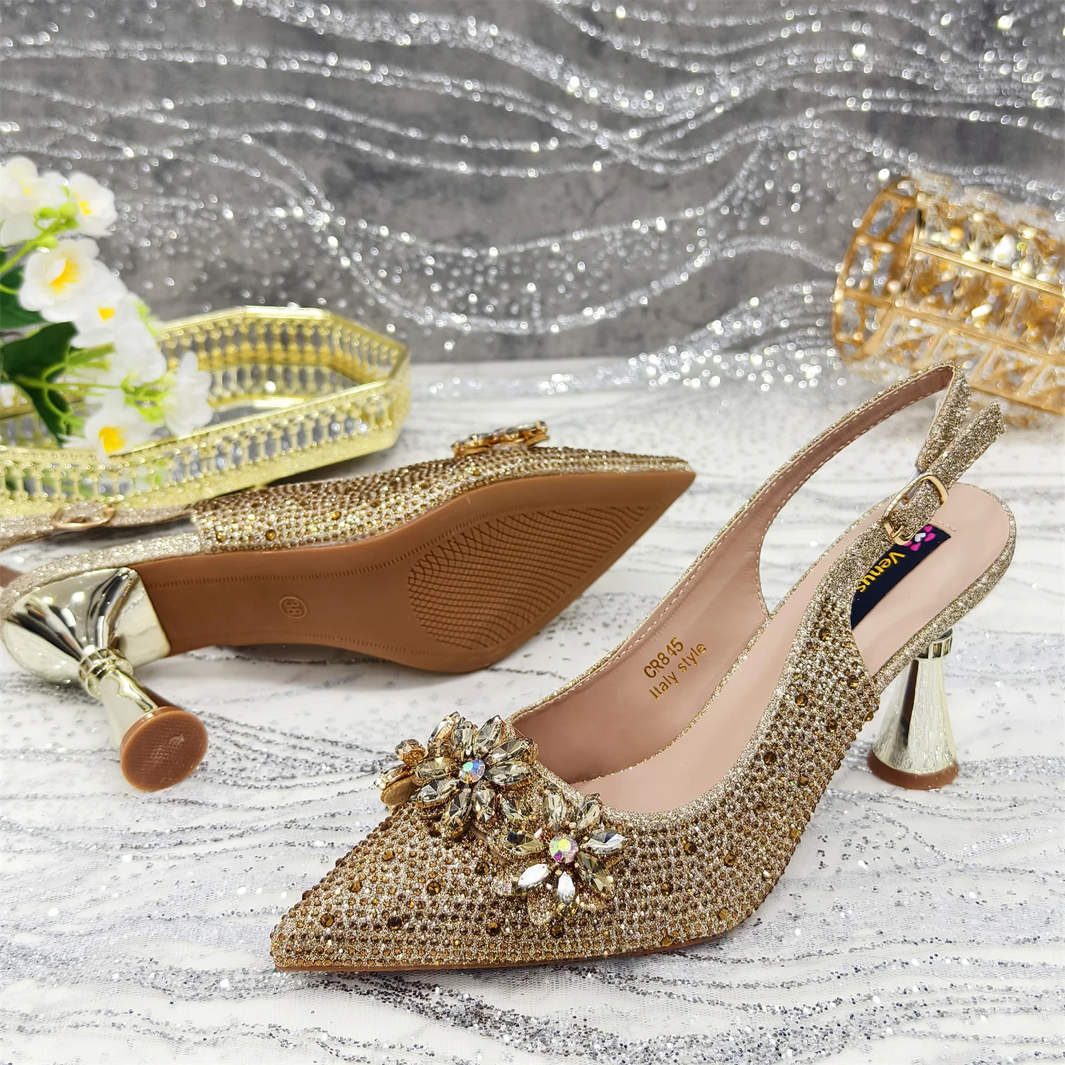 Italian Sexy Design Elegant Luxury  Heel Women's Shoes High Heel Rhinestone Decoration Wedding Sandal Bag Set