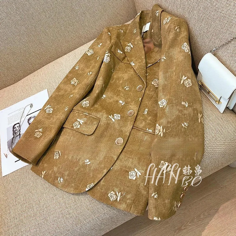 

Rose Floral Print Blazer Women Vintage Classic Chic Lapel Jacket Long Sleeve Single Breasted Loose Casual Harajuku Coat