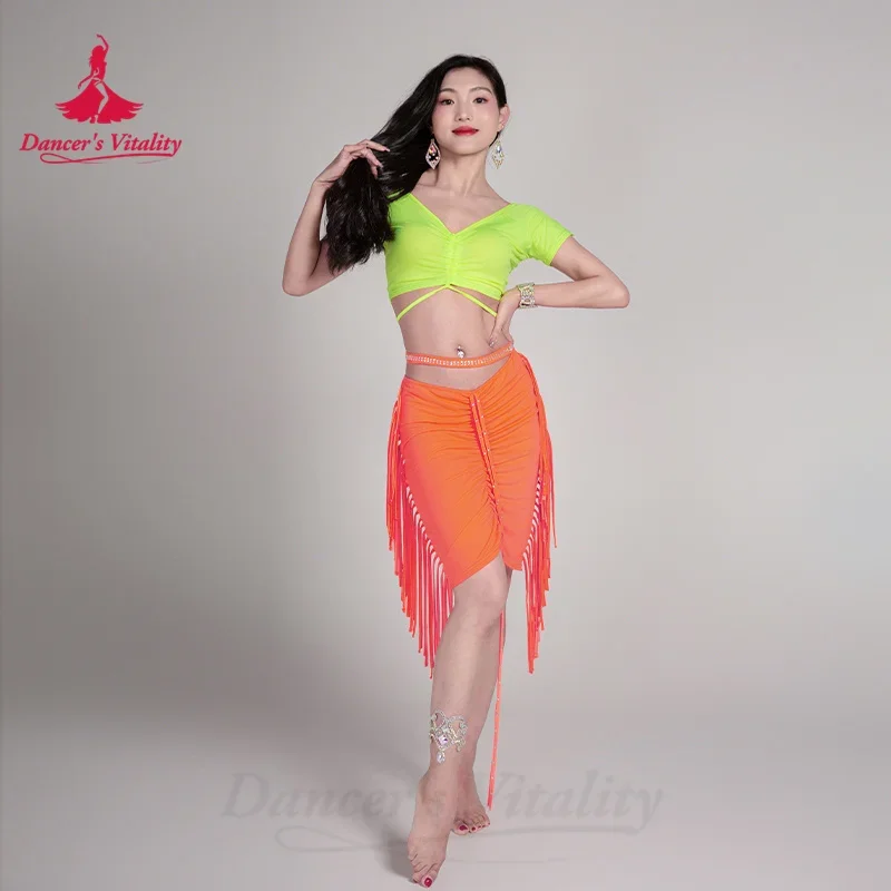 Belly Dancing Costume Set V-neck Short Sleeved Top+sexy Tassel Skirt 2pcs Girls' Oriental Dance Professional Training Clothes