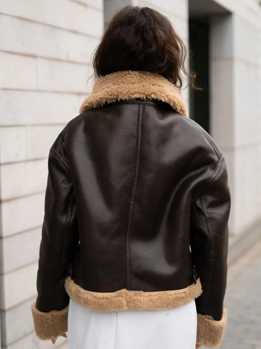 Fitaylor Winter Women Casual Lapel Zipper Leather Coat Faux Fur Leather Jacket High Street Motorcycle Outwear