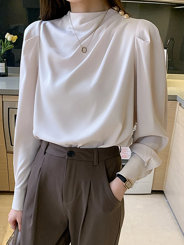 Spring Autumn Elegant Office Women Shirt Mujer Chic Satin Formal Lantern Sleeve Blouse Tops Loose Pullover Jumper Street Clothes