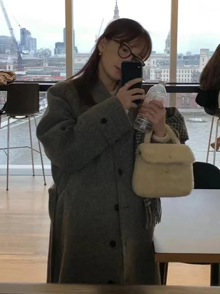 

Женское шерстяное пальто Lerobe с длинными рукавами, однотонное, с отложным воротником, в корейском стиле, весенняя новинка, модная универсальная верхняя одежда