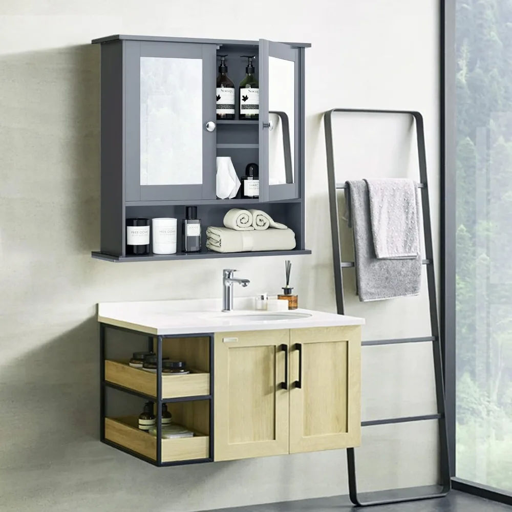 Bathroom Wall Cabinet with 2 Mirrored Doors, Adjustable Shelf, Open Compartment, Wall Mounted Cabinet