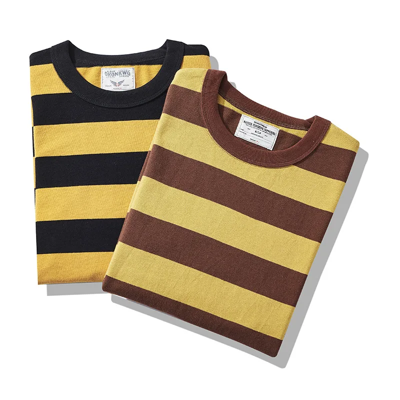 2026 New American Retro Khaki T-shirt Heavy Duty Motorcycle Men's Short Sleeved Thick Striped T-shirt 260g Heavy Duty TEE