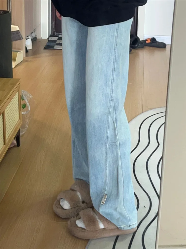 

Tall Women's Light Blue Straight Leg Jeans High Waist Loose Wide Leg Pants American High Street Style Autumn Seasonal Wear