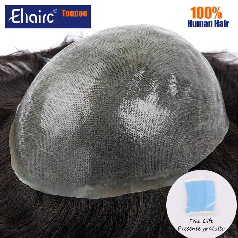 Rambut Palsu Pria 0.08Mm V-loop Tanpa Simpul Pu Wig Tahan Lama untuk Pria 100% Unit Sistem Rambut Manusia Prostesis Kapiler