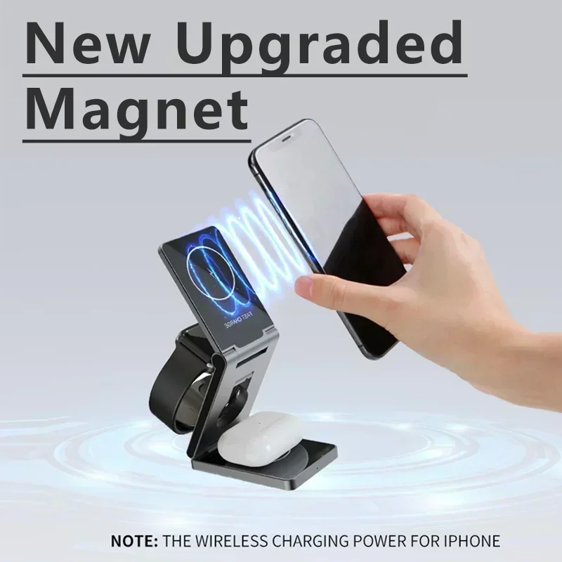 حامل شاحن لاسلكي مغناطيسي ، محطة شحن سريع ، ساعة أبل 8 ، 7 ، ساعة سامسونج 6 ، 5 ، ايفون 15 ، 14 ، Airprods ، 3 في 1 #1