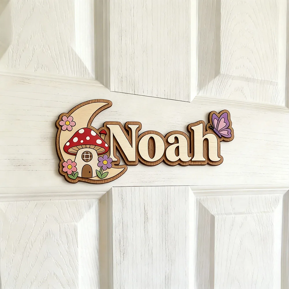 Magisches Mond- & Pilz-Namensschild, Neutrales 3D-Holz-Kinderzimmer-Dekor mit Schmetterling & Blumen, Personalisiertes Kinderzimmer-Türschild