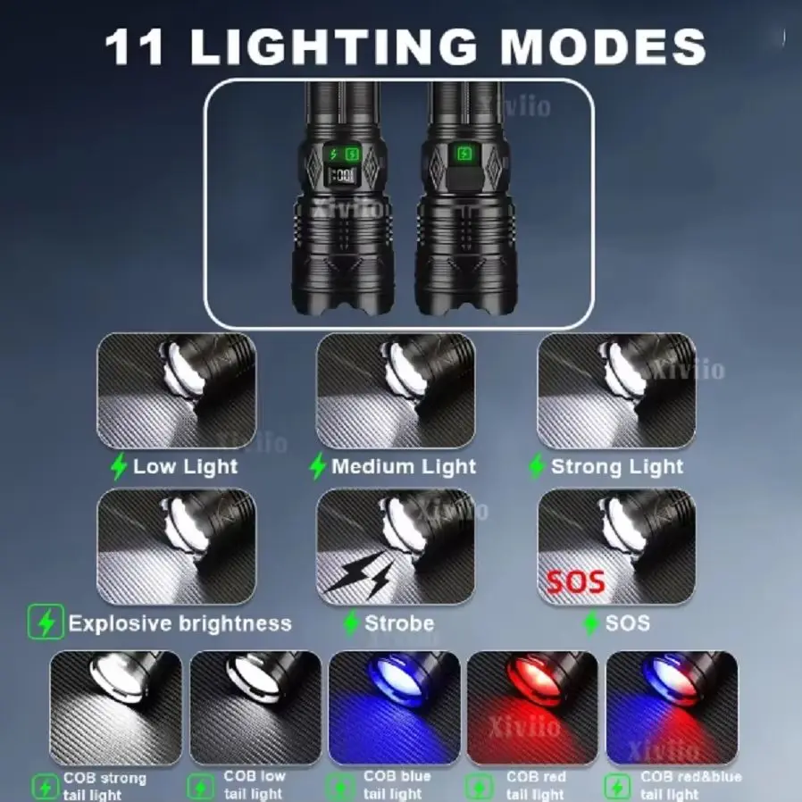 High Power Flashlight Super Big Flashlight Rechargeable Most Strong LED Flash Light Long Range Torch Outdoor Built in Battery