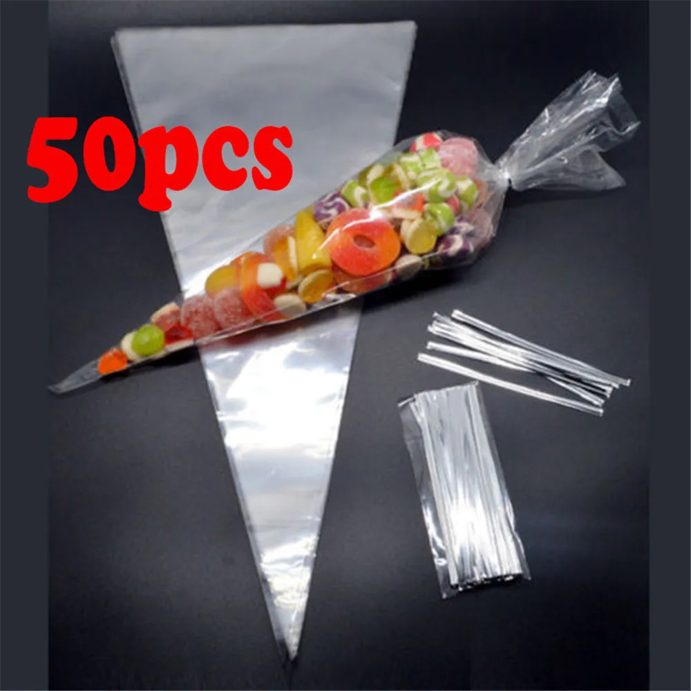 50Pcs Plastic Cone Bag Transparent Triangle Candy Bags Carrot Gift Bag with Ties for Wedding Birthday Easter Favors Packing