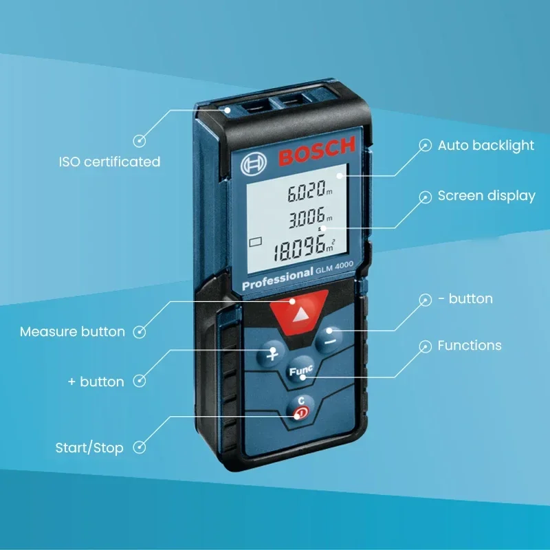 BOSCH GLM 4000 Laser Distance Meter 40m Measuring Range Clear LCD Screen Compact Handheld Home Layout Measuring Tool