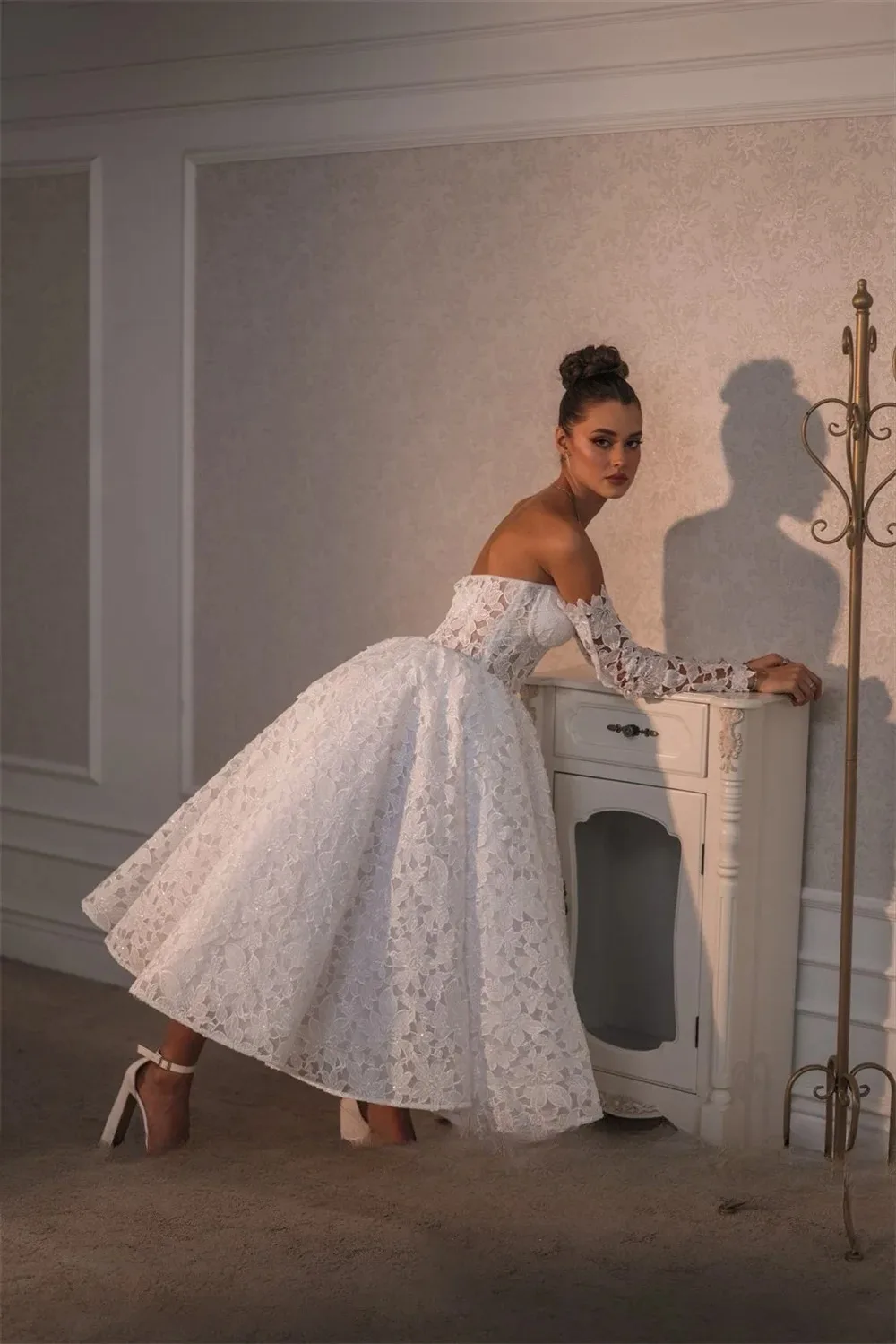 Elegant Women's Detachable 3/4 Sleeve Lace Shiny Wedding Dress A-line Ankle-Length Backless Bridal Gown Customized