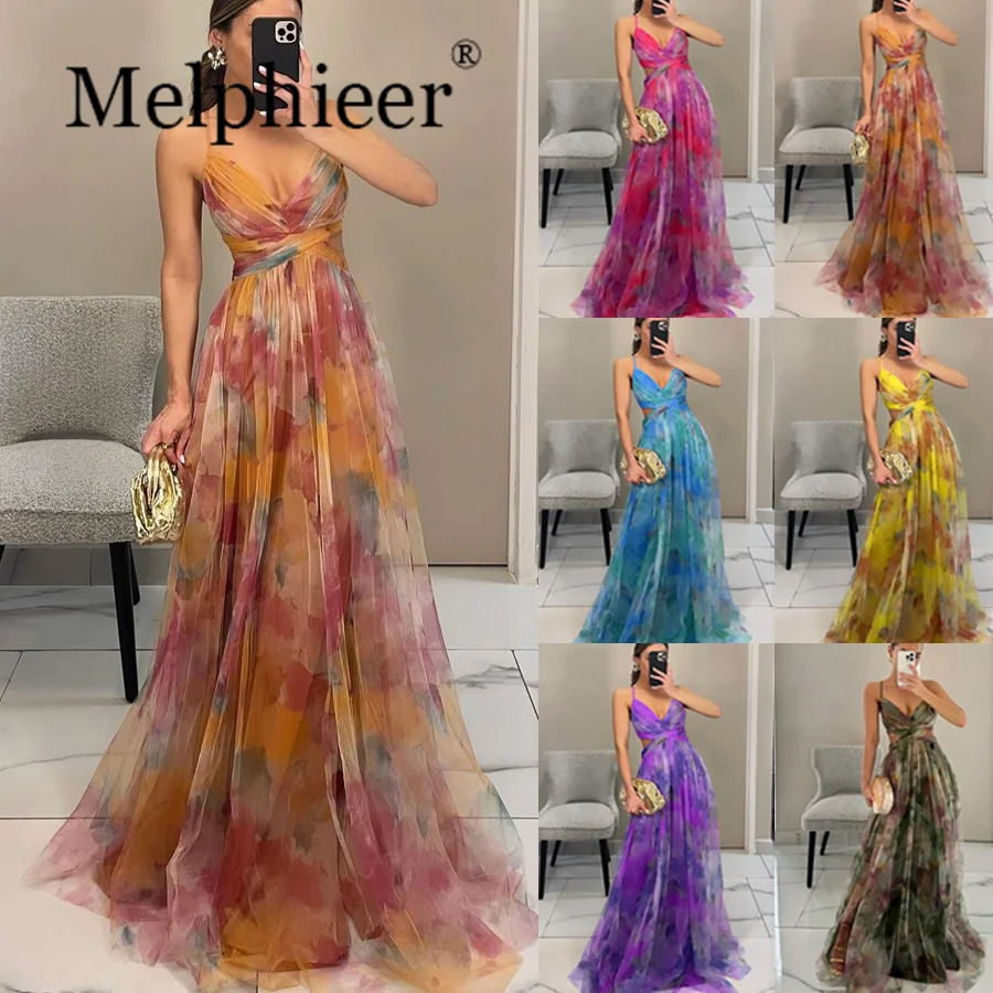 

Melphieer 2025 Mesh Fabric Tie Dye Print Backless Slip Dress Long Beach Cover up Woman Holiday Dresses Tunic Beachwear Outfit