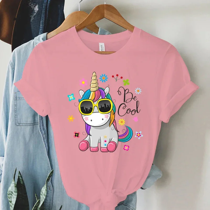 Short Sleeve T -Shirt Cool Unicorn Print Women Summer Casual Harajuku Shirt Woman Y2k Aesthetic Graphic Clothes Cartoon Tshirt