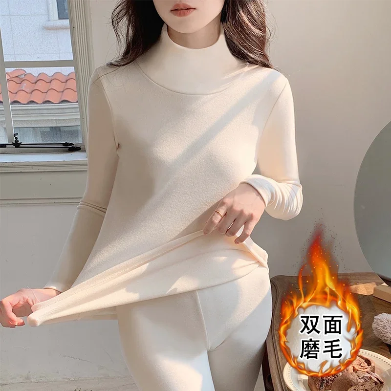 2023 Autumn Korean Fashion Turtleneck Long Sleeve Thermal Bottomed Underwear Sets for Women Cute Body Shaper Bodysuit Shapewear