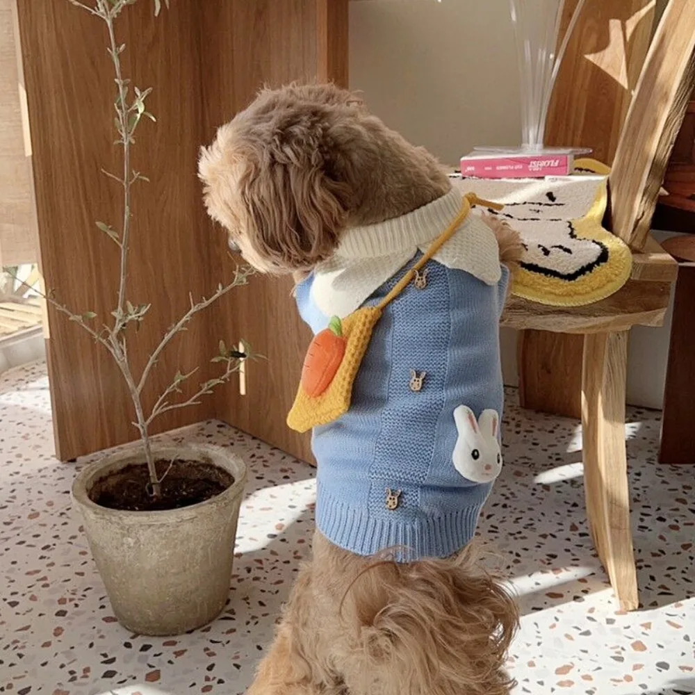 Baju anjing peliharaan kelinci biru hadiah hangat musim dingin sweter hewan peliharaan mantel anak anjing untuk kucing dan hewan kemeja rajut Teddy