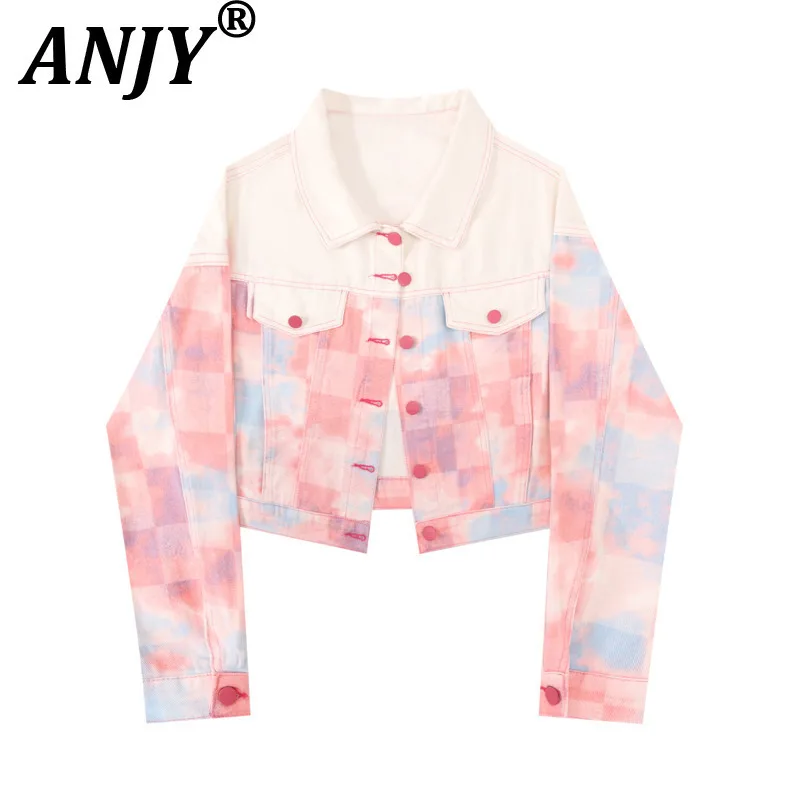 

ANJY Autumn New Women Chic Jacket Plaid Patchwork Denim Contrast Color Single Breasted Sweet High Street Short Coat Trendy A8806