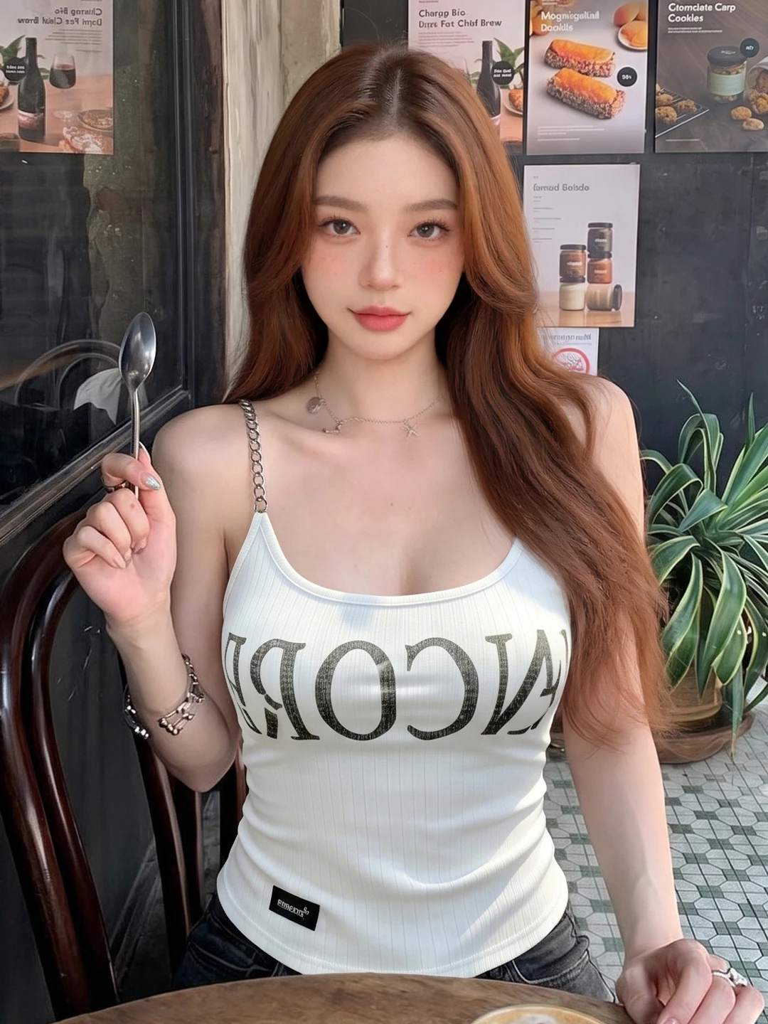 

Sexy Letter Print Chain Strap Vest Women's Slim Fit Sleeveless Top Summer Fashion Casual Wear Polyester Fiber Zipper Closure